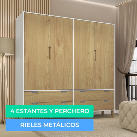 Ropero Armario de 4 Puertas, 2 Percheros y 4 Cajones en MDP - Madera - Línea Melilla - Blanco Ropero Armario de 4 Puertas, 2 Percheros y 4 Cajones en MDP - Madera - Línea Melilla - Blanco