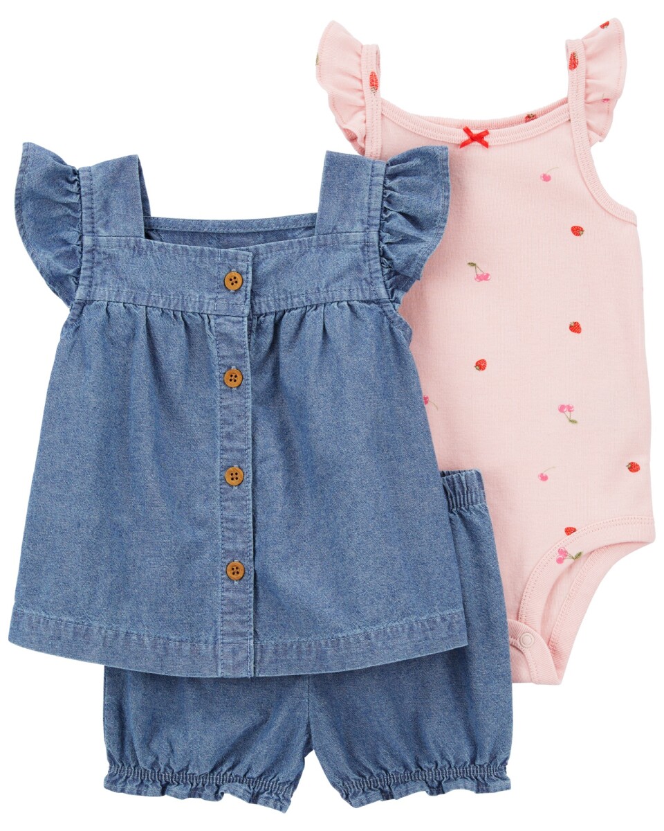 Set tres piezas, short y blusa de chambray más body de algodón 