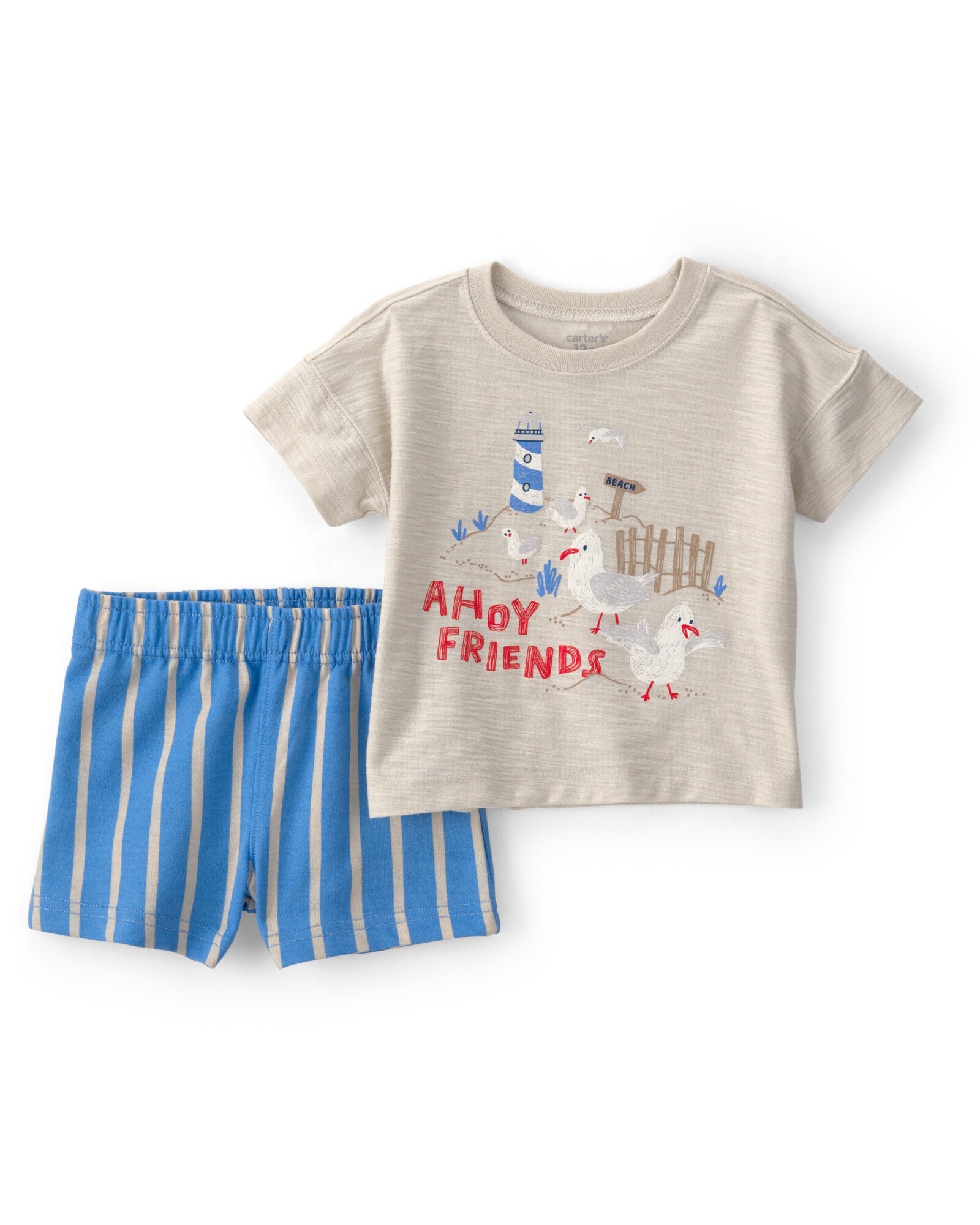 Set dos piezas de algodón, short a rayas y remera estampa gaviotas. Talles 6-24M Sin color