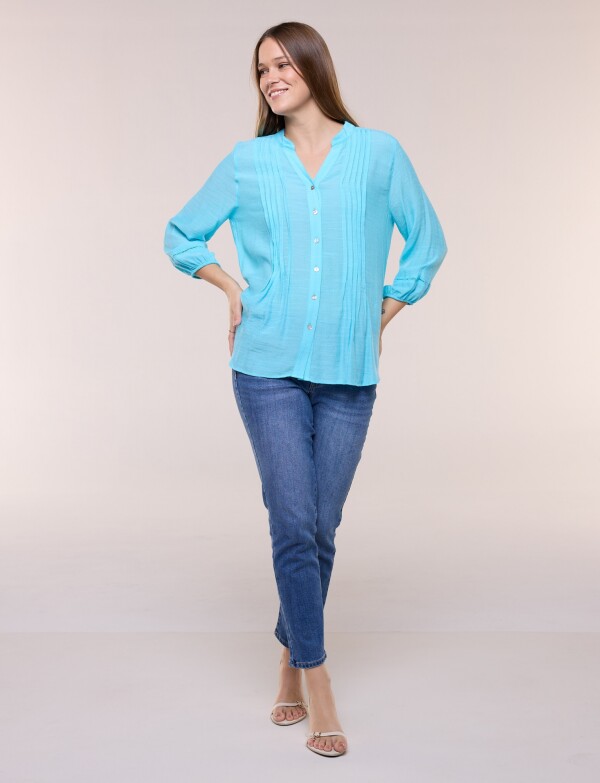 Blusa Con Alforzas En Delantero Y Botones CELESTE