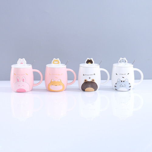 Taza De Cerámica Perrito Rosa - Con Tapa Y Cucharita - 440 Unica