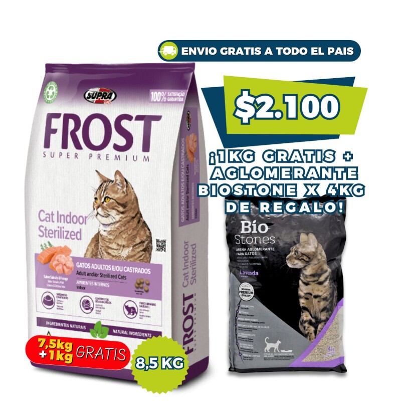 FROST GATOS ADULTOS Y/O CASTRADOS 7.5 + 1 KG GRATIS + ARENA AGLOMERANTE BIOSTONE DE REGALO