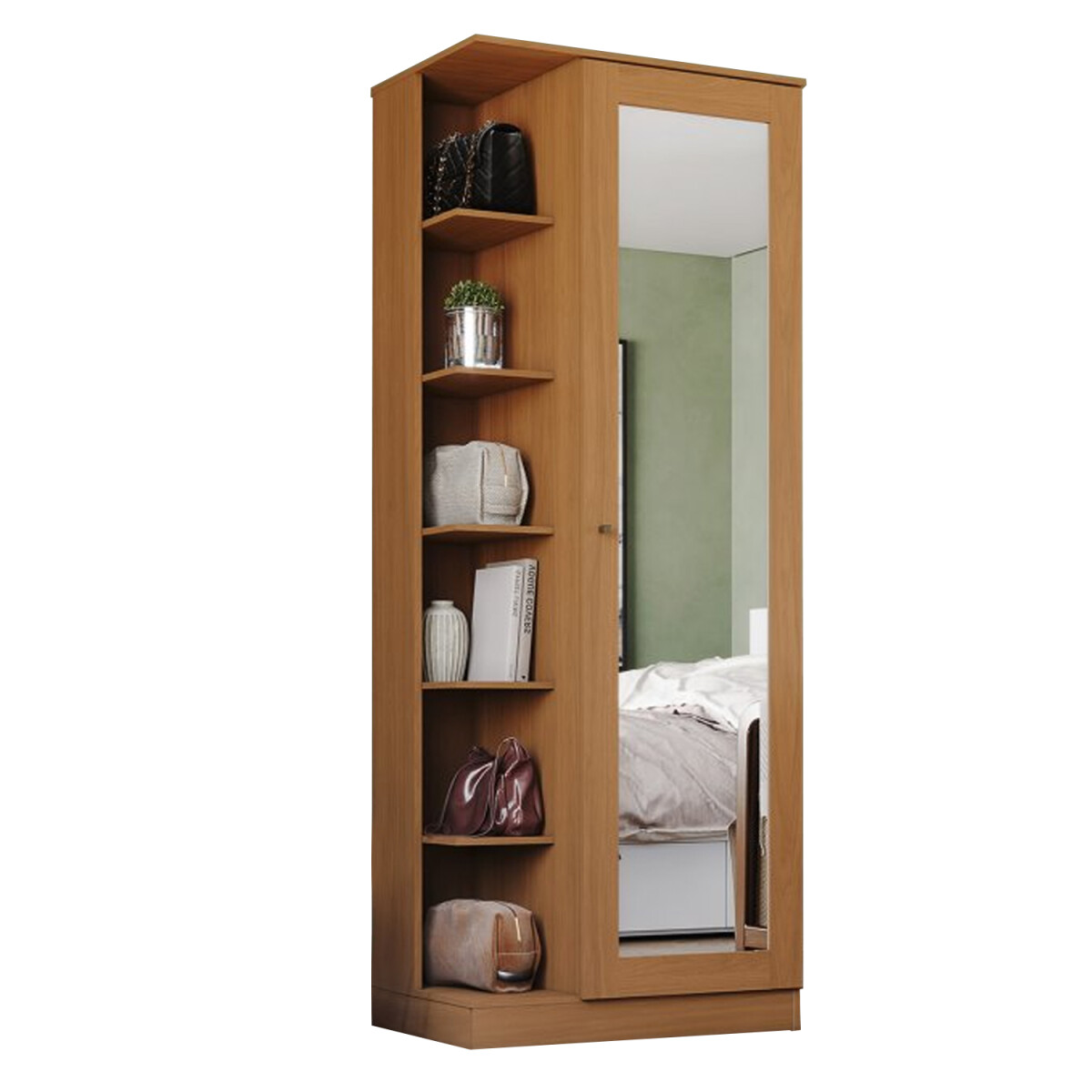 ROPERO 1 PUERTA GUARDARROPA ARMARIO PLACARD CLOSET CON ESPEJO Y ESTANTES - COLOR MADERA 