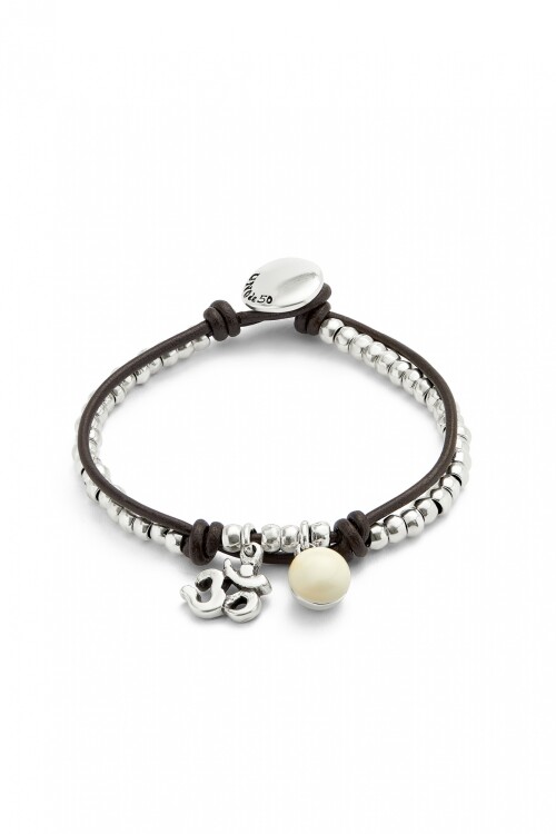 PULSERA EN ALEACIÓN DE METALES BAÑADAS EN PLATA DE LEY CON CUERO Y CRISTAL DE MURANO MARFIL Pulsera