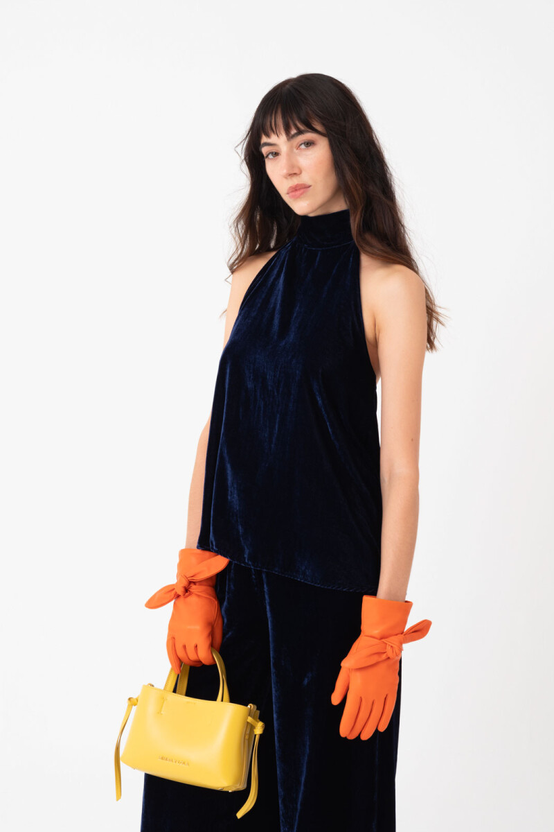 TOP HALTER, EN VELVET Azul
