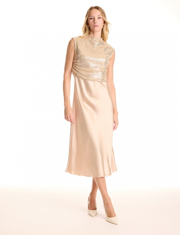 Vestido Noche Midi Satinado Con Top De Lentejuelas DORADO