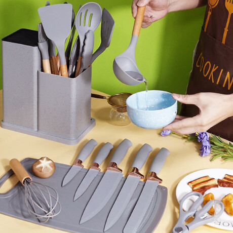 Set Cocina Menage 19Pz Utensillos Cuchillos Tabla c/Soporte Gris