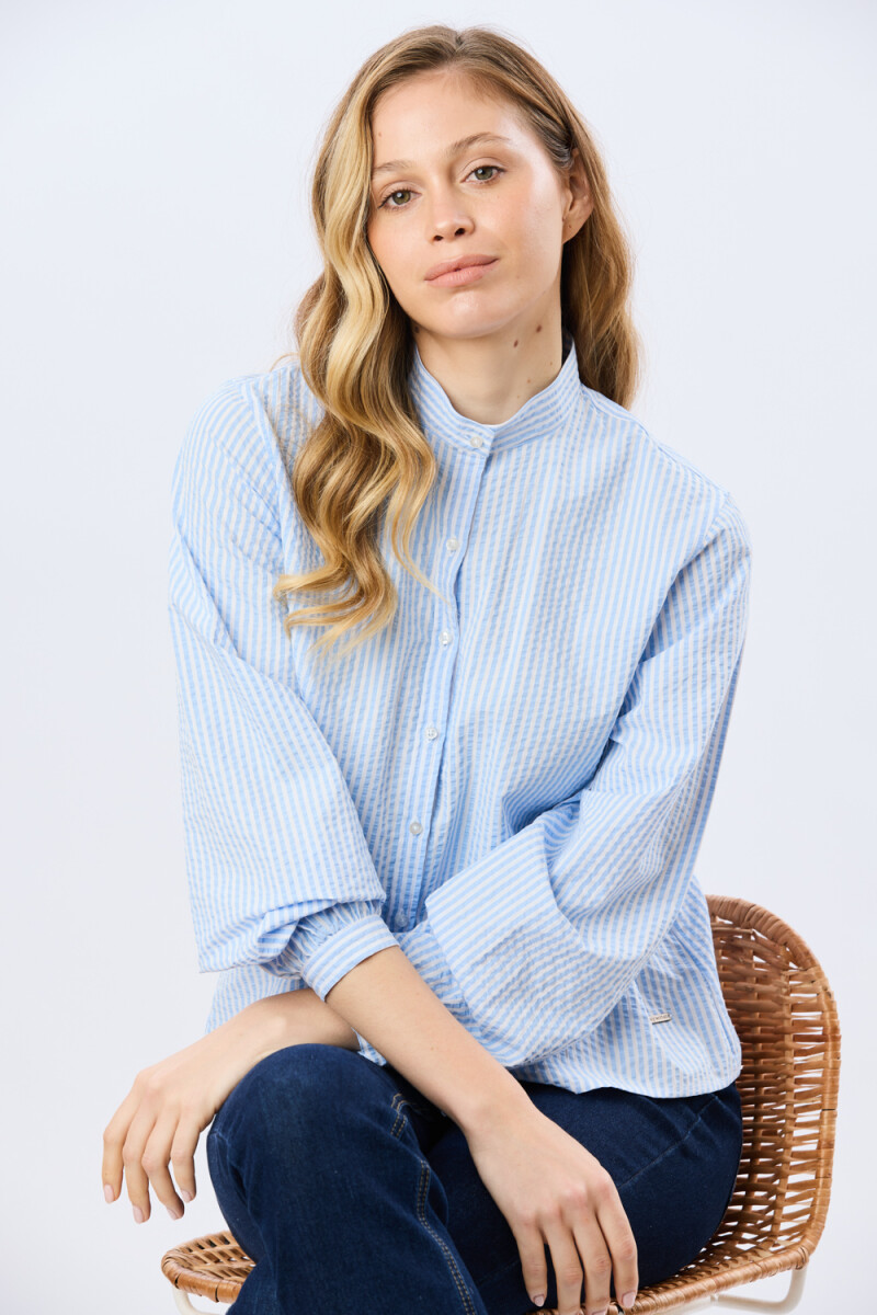 CAMISA RAYADA CON FRUNCES - Celeste 