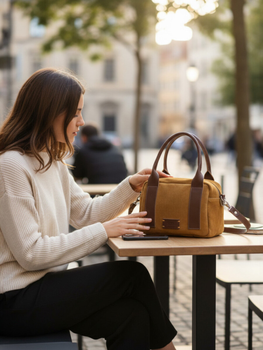 Cartera de Mano y Bandolera en Gamuza y Cuero - Tostado 