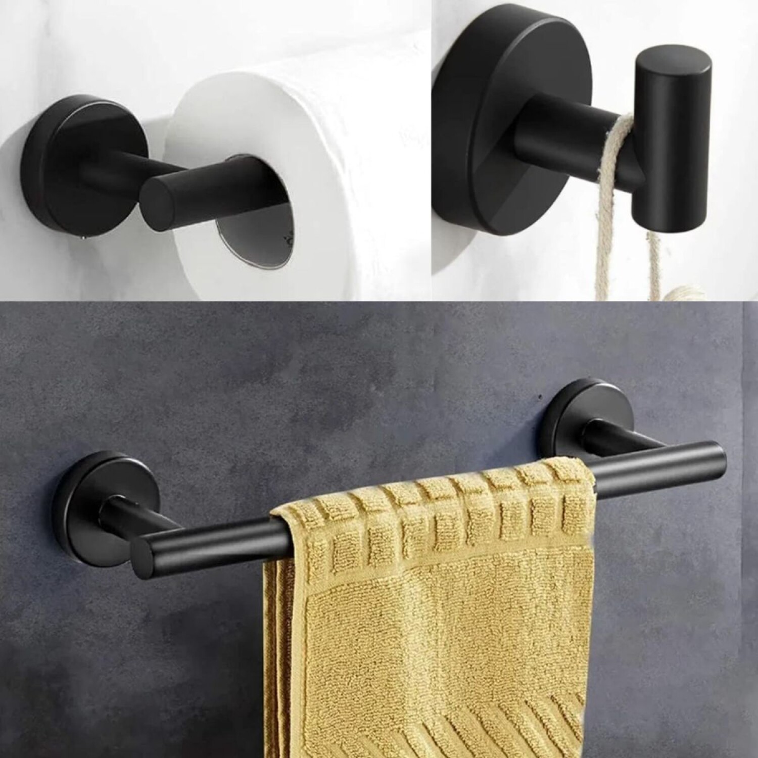 Juego de accesorios de baño negro montado en la pared, juego de 5 piezas de  barra de toalla de acero inoxidable negro juego de accesorios de baño