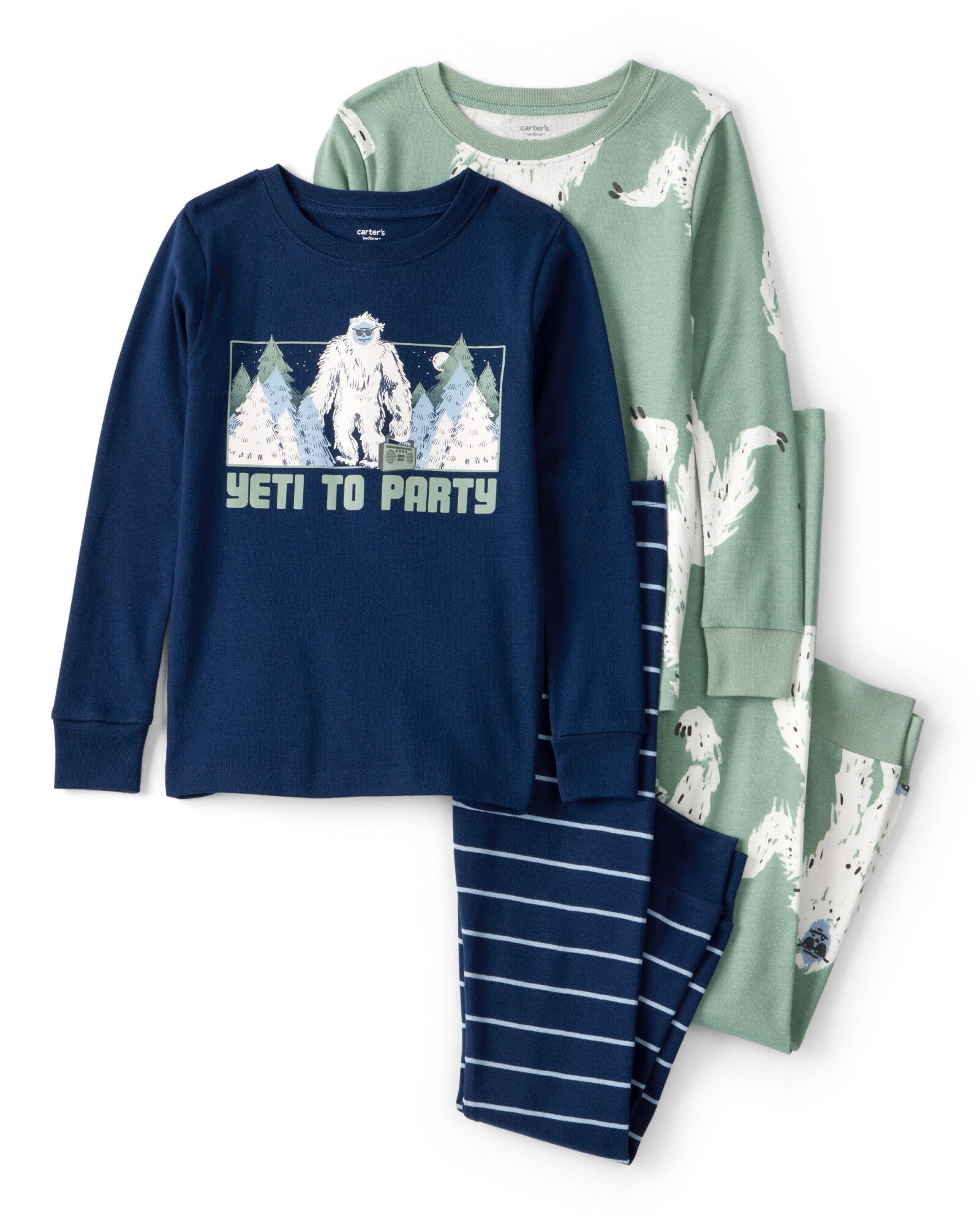 Pijama cuatro piezas de algodón, dos remeras manga larga y dos pantalones, diseño Yeti Sin color