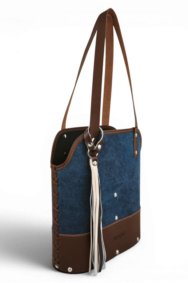 Matera de lona con base de madera y porta celular Azul