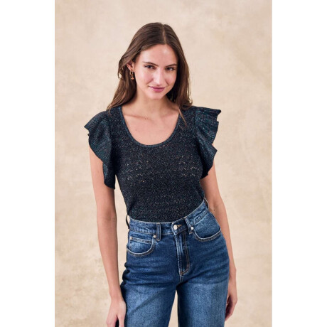 Top Metalizado Manga Volados Negro