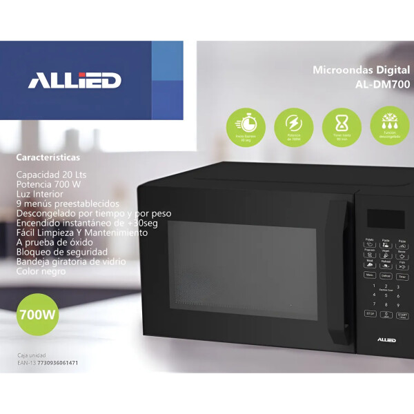 Microondas Allied 20lts Digital Compacto 700w Luz MICROONDAS ALLIED 20L NEGRO AL-DM700