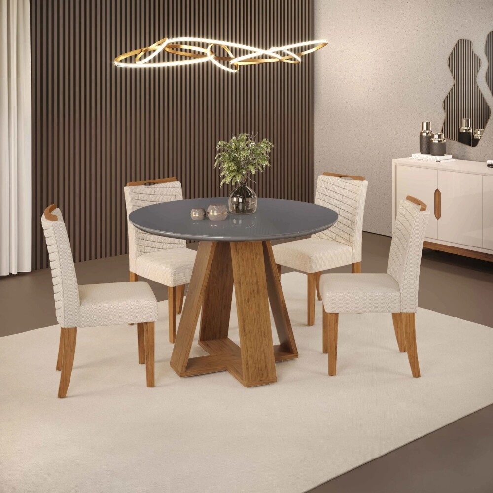 Juego De Comedor 4 Sillas Mesa Redonda - Celeste Gris / Beage