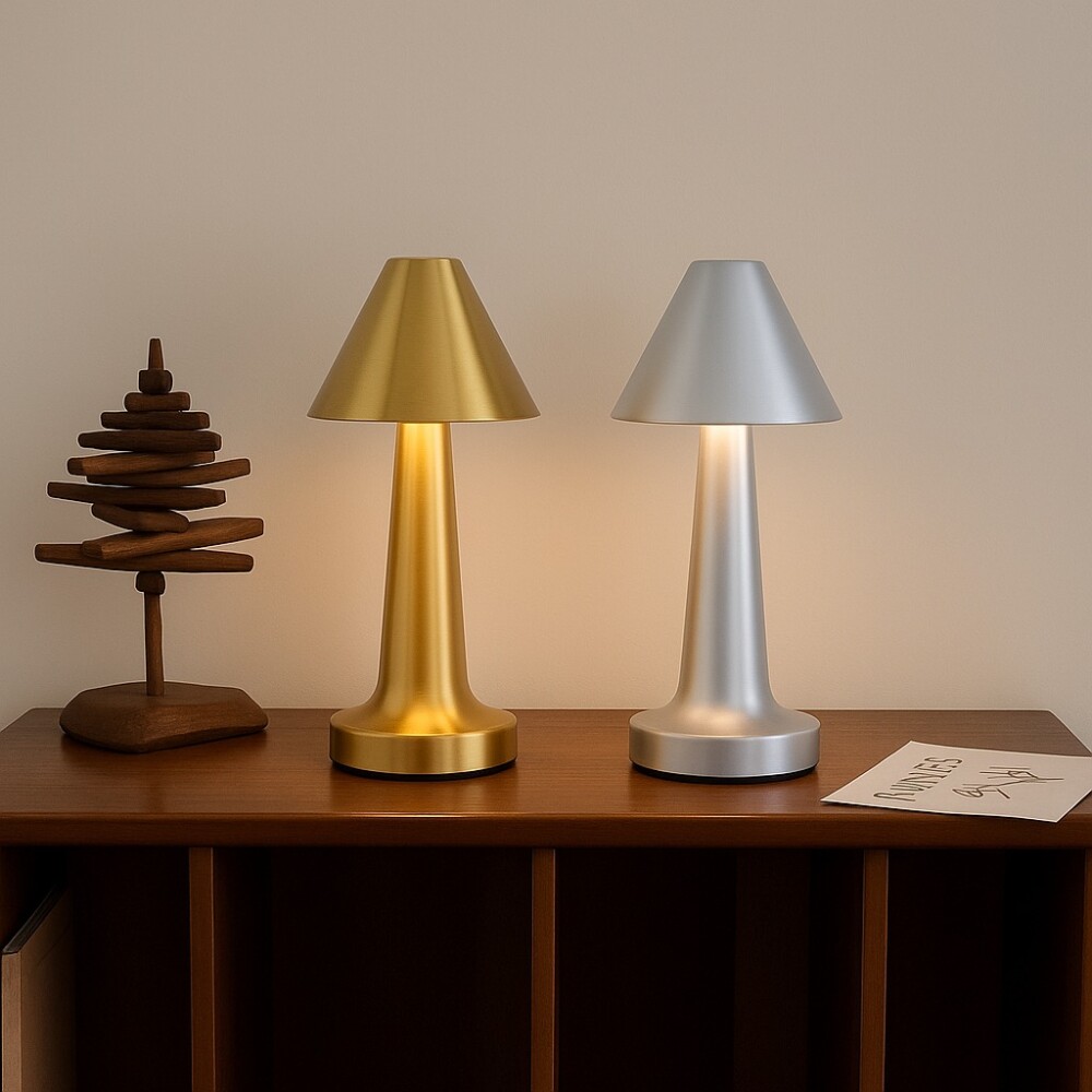 Lampara De Mesa De Luz Led Recargable Con Diseño De Cono Plateado