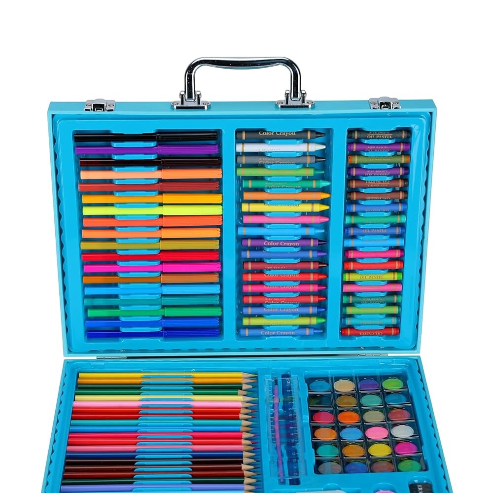 Valija infantil 128 Piezas Marcadores Lápices Crayones Madera Celeste