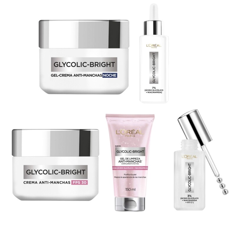 Pack Loreal Paris Glycolic Bright cuidado de Skin de 5 pasos Pack Loreal Paris Glycolic Bright cuidado de Skin de 5 pasos