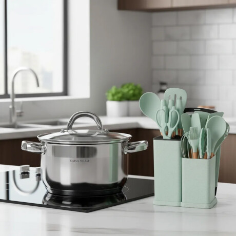 Set Cocina Utensilios 19Pzs + Olla Acero Inoxi 26cm 7,9L Verde Claro