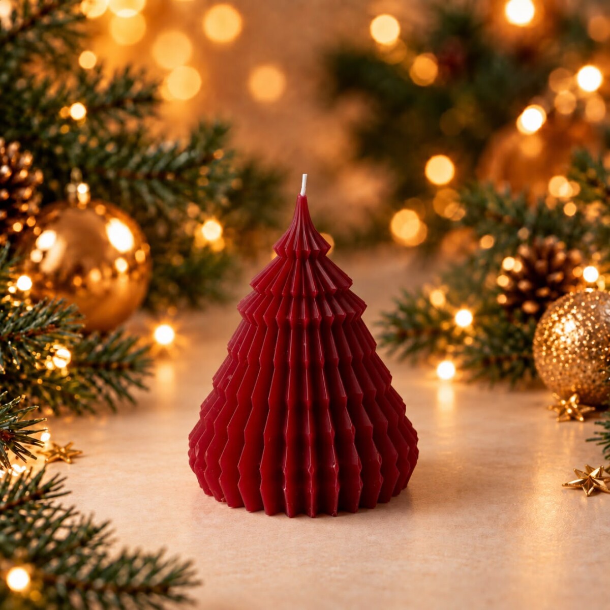 Vela Navideña Pino Acanalado – Rojo 15cm 