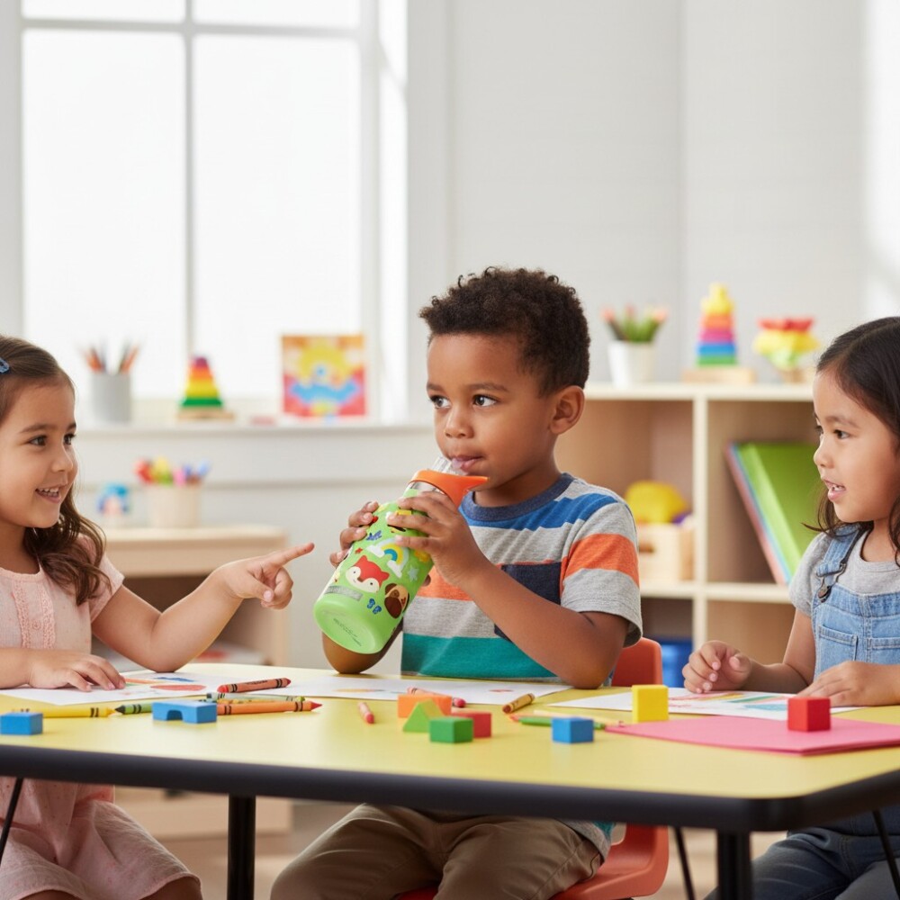 Botella acero inoxidable con sorbito y stickers skip hop verde