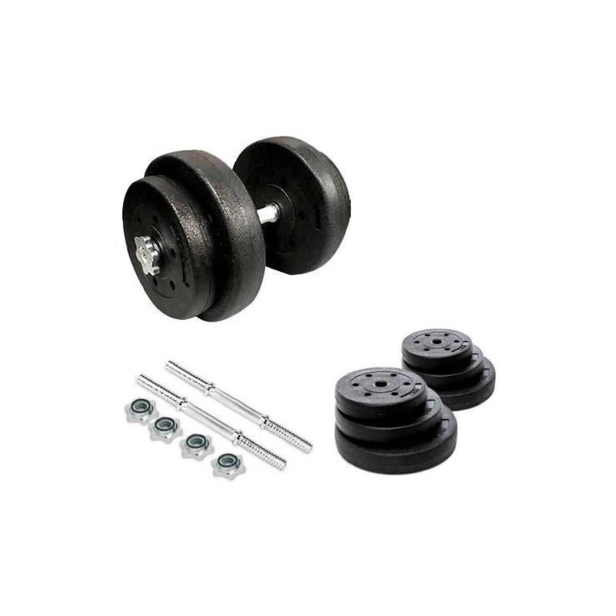 Kit 2 mancuernas cromadas + 40 kgs de Pesas - 2x10Kg 2x5Kg 2x2.5Kg 4x1.25Kg 