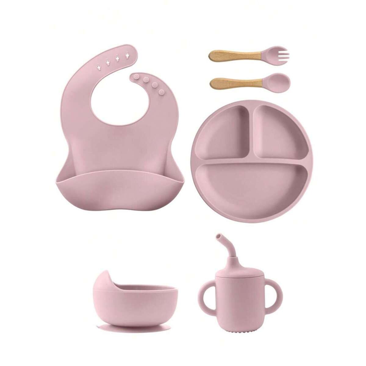 Set de alimentación de silicona para bebé  6 piezas - Rosado 
