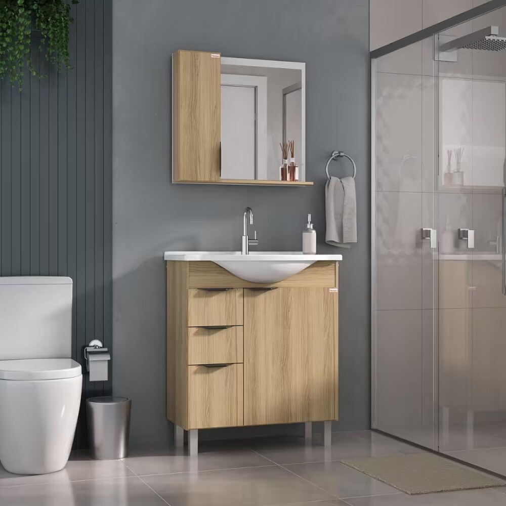 Mueble de baño de pie Crystal Roble 72 cm con Bacha de resina y espejo con botiquín Mueble De Baño De Pie Crystal Roble 72 Cm Con Bacha De Resina Y Espejo Con Botiquín