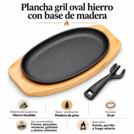 Plancha Grill Oval Hierro Base Madera Para Servir Grafito