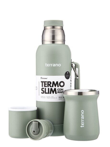 Kit Termo 750mL. Slim con Manija + Mate de Acero Tradicional Oliva