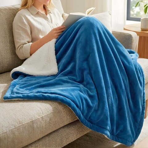 Frazada Manta Polar Con Corderito Acolchado 2 Plazas 230x200 Color Azul