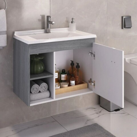 Mueble de Baño Suspendido Sophia 56 cm | Diseño Blanco/Etna Gris con Nichos Laterales y Lavatorio Soft Mueble de Baño Suspendido Sophia 56 cm | Diseño Blanco/Etna Gris con Nichos Laterales y Lavatorio Soft