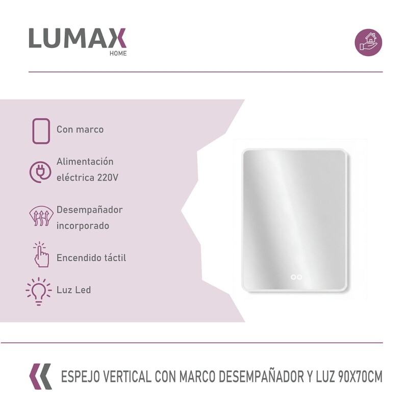 Espejo Vertical Lumax c/marco desempañador y Luz 90x70cm Blanco