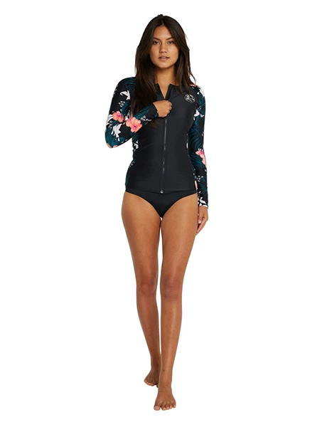 Bahia Front Zip Rash Vest · Manga Larga Hibisco Negro