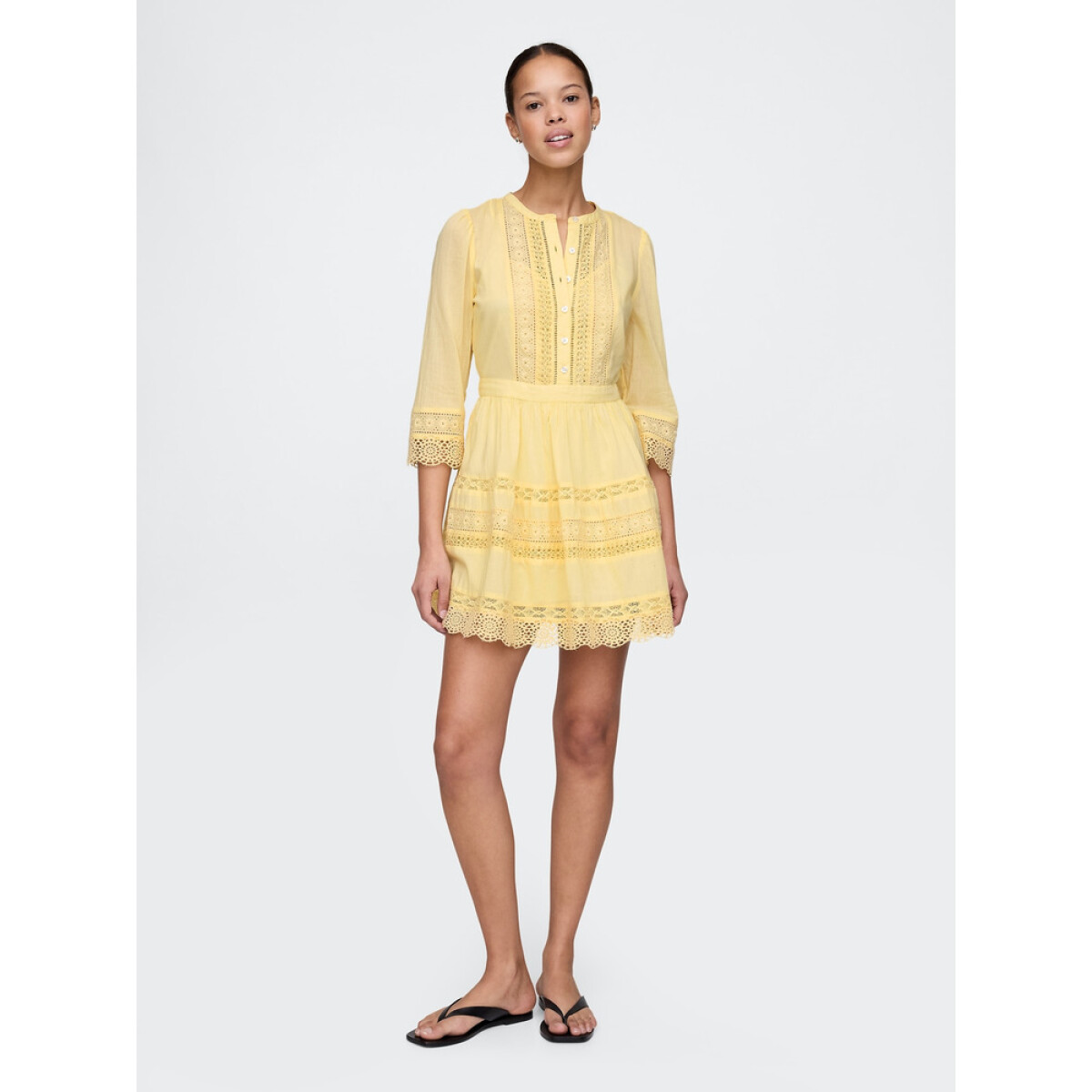 3/4 SLV TEXTURED MINI DRESS - PALE BANANA 12-0824TCX 