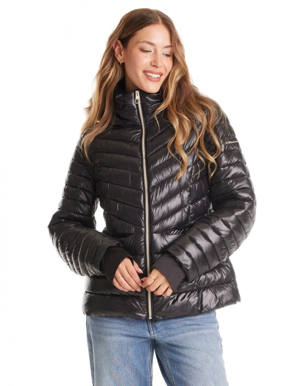 Campera Puffer Satinada Con Capucha Y Puños NEGRO