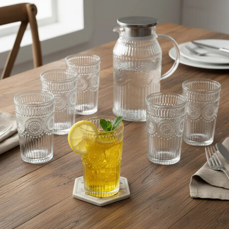 Set Jarra Vidrio + 6 Vasos Labrados Vintage Transparente