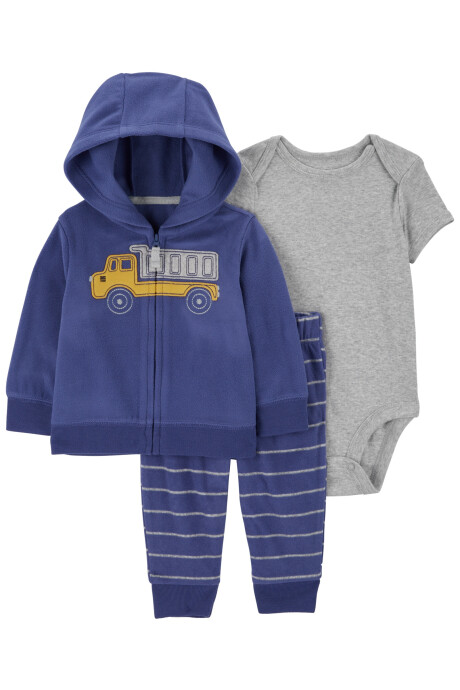 Set tres piezas, campera y pantalón de micropolar, más body de algodón, estampa camión Sin color