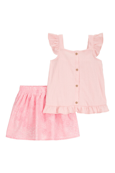 Set dos piezas, short pollera de algodón y blusa de jersey arrugado, rosado Sin color