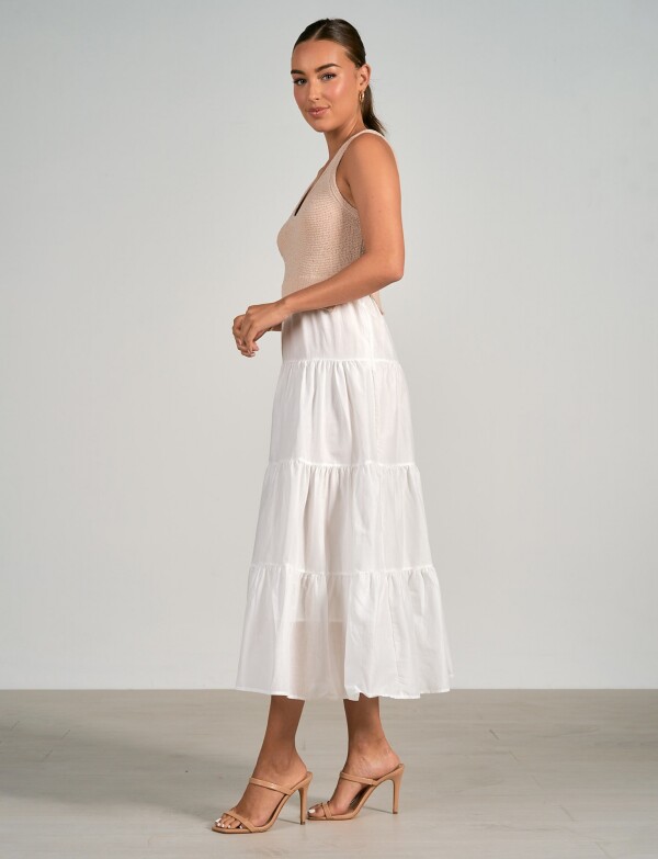 Vestido Midi Combinado Tejido Y Falda Escalonada BEIGE