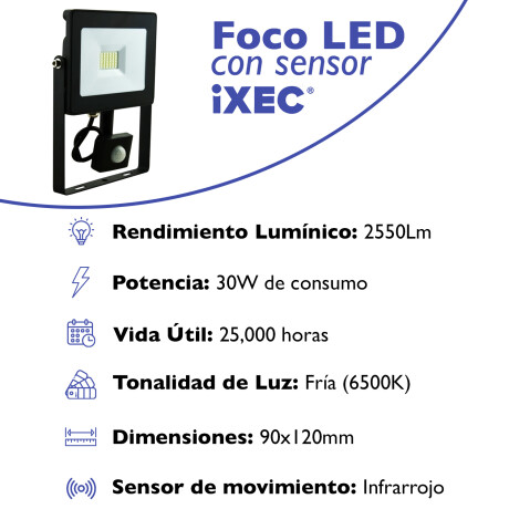 Foco LED Proyector con Sensor de Movimiento IXEC 30W 6500K 2550Lm IP65 Foco LED Proyector con Sensor de Movimiento IXEC 30W 6500K 2550Lm IP65