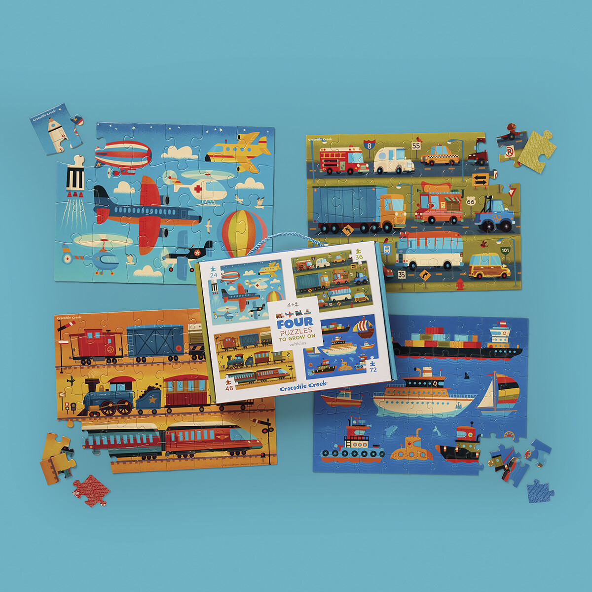 Set x 4 Puzzle Crocodile Creek 24 / 36 / 48 / 72 Piezas - VEHICULOS 