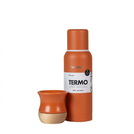 Kit Termo Slim 750ml + Mate Ceramica Base Madera Terracota