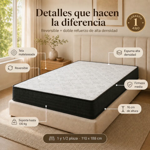 Colchon SUPER MEGA · Espuma · Reversible · 130 kg 1y1/2 Plaza - 110 cm