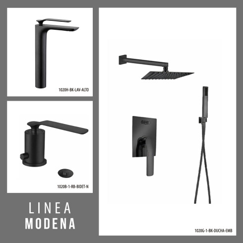 JUEGO COMPLETO DE GRIFERIA INCLUYE DUCHA EMBUTIDA ,LAVATORIO ALTO Y BIDET LINEA MODENA AQUALIA NEGRO