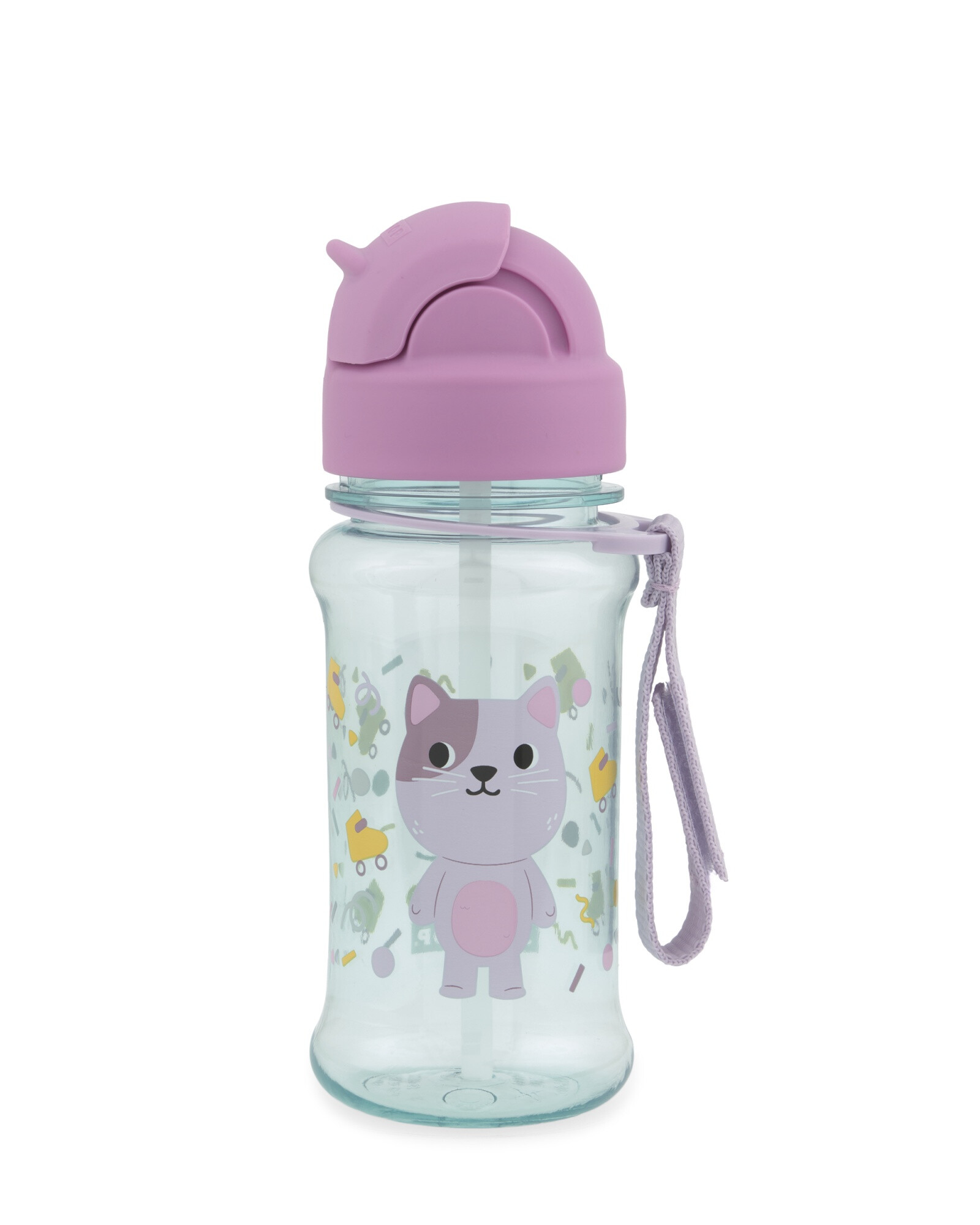 Botella de plástico tritan, con sorbito, diseño gato Botella de plástico tritan, con sorbito, diseño gato