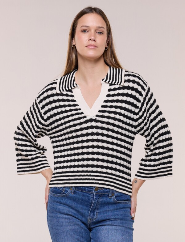 Blusa Tejida A Rayas Con Cuello Polo NEGRO/BEIGE