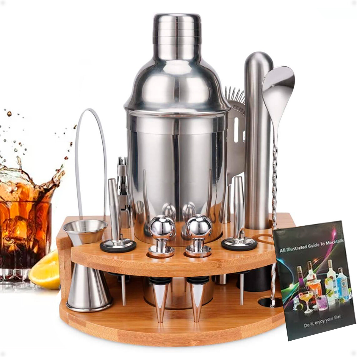 Kit de Coctelería Para Barman Coctelera de 500ml con 12 Piezas de Acero Inoxidable Más Base 
