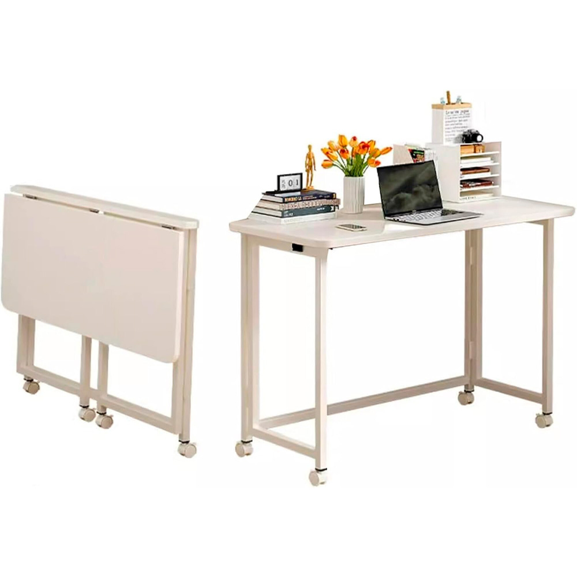 Escritorio Móvil Con Ruedas 90x50x75 Cm - Mesa Ordenador Soporte Teclado Deslizante, Blanco, Para Casa U Oficina