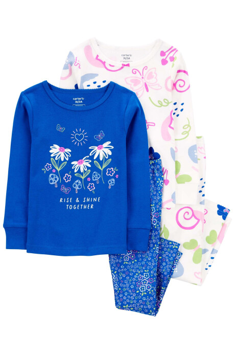 Pijama cuatro piezas de algodón, dos remeras y dos pantalones diseño mariposas Sin color